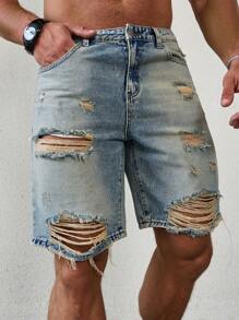 Manfinity LEGND Men's Ripped Casual Denim Shorts With Pockets Low Rise Baggy Jorts Plain Light Blue Going Out Street Wear Friends