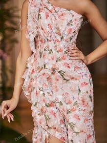 Double Crazy Robe à col asymétrique avec nœud, imprimé floral élégant, ourlet à volants. Convient pour les concerts, les fêtes, les vacances, les mariages, les soirées, les événements formels.
