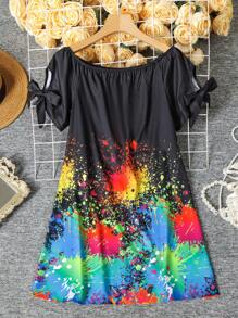 SHEIN SXY Vestido de moda de verano para mujer con estampado de graffiti y línea A con hombros descubiertos - Negro - Ver 3