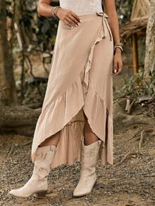 SHEIN LilyWest Women's Vacation Solid Color Splice Ruffled Edge Long Wraparound Knotted Waist Skirt - Camel - View 6