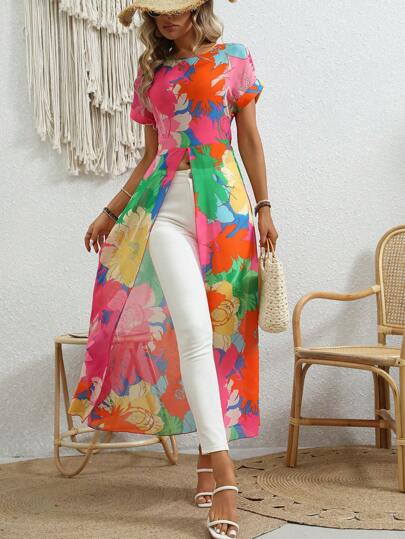 Breezaya Camisa larga estampada con flores y abertura lateral alta, perfecta para vacaciones y tiempo libre