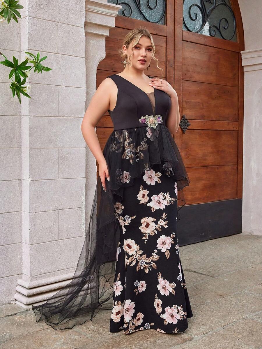 SHEIN Belle Plus Size Black Colorful Floral Print Dress, Holiday Style, Sleeveless And Mermaid Tail, Elegant And Romantic Formal Evening Dress - Multicolor - View 1