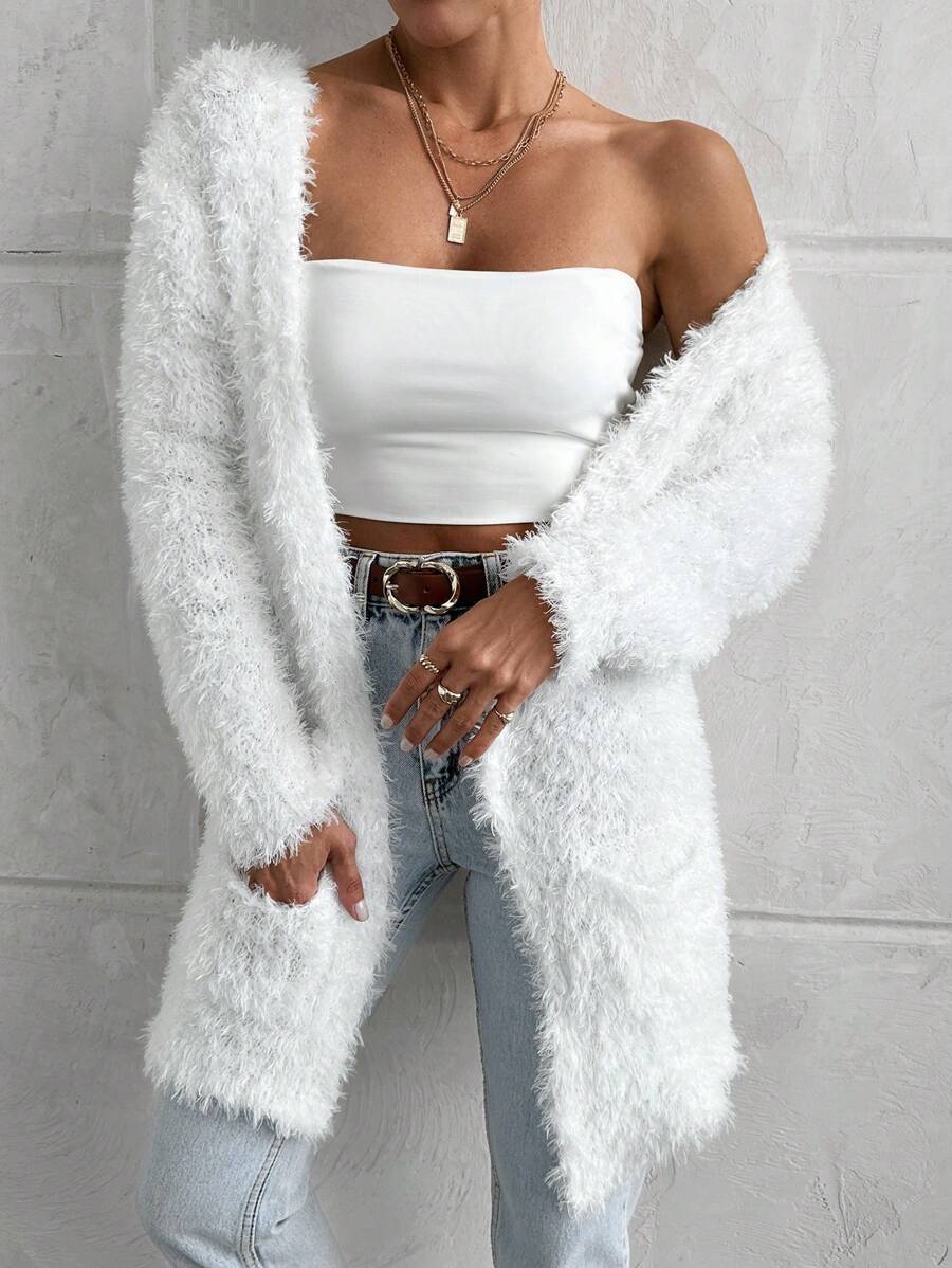 EURMUSE Women Shaggy Soft  Knitted Cardigan With Pockets - White - View 1
