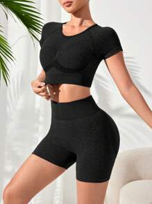 Easithlete Summer Solid Color Round Neck Short Sleeve Top & High Waisted Seamless Shorts Sports Set Workout Women Setwomen Workout Set - Black - View 7