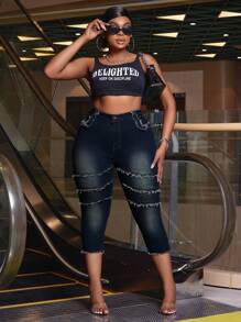 SHEIN SXY Plus Size Women's Tight-Fit Casual Jeans With Pockets, Raw Hem And Patchwork, Capri Length