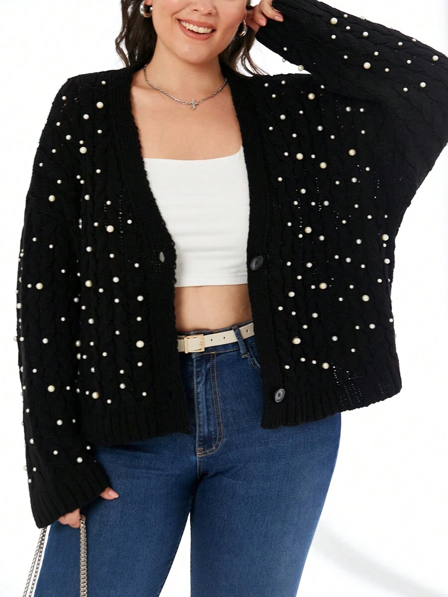 RueChic PLUS SİZEBEAD DETAİL CARDIGAN - Black - View 1