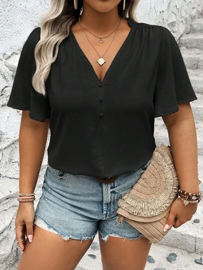 Vionelle Plus Size Women's Simple Solid Color Short Sleeve V-Neck Shirt