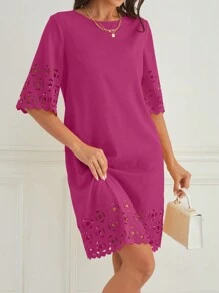 EMERY ROSE 春夏款純色定位燒花鬆身休閒連衣裙