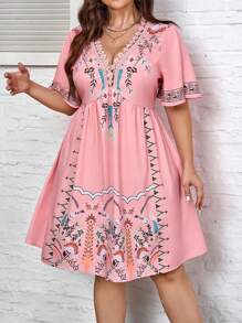 EMERY ROSE Vestido estampado de verano con mangas de volantes y cuello en V para tallas grandes, ideal para vacaciones - Multicolor - Ver 5