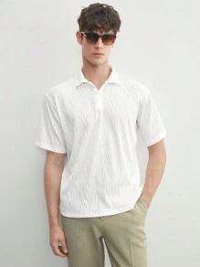 Manfinity RebelGame Men's Knitted Jacquard Solid Color Slim Short Sleeve Polo Shirt, Suitable For Summer Daily Wear - White - View 6