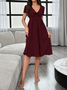 Solid Color Deep V-Neck Bow Decoration Women's Homewear Dress - Burgundy - View 4