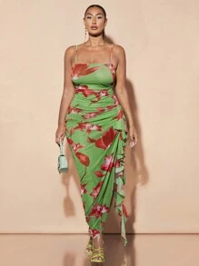 SHEIN BAE Women's Mesh Strappy Dress With Ruffle Trim, Long Bodycon Dress In Green With Large Floral Pattern, Perfect For Romantic Vacations And Elegant Parties, Summer Outfit