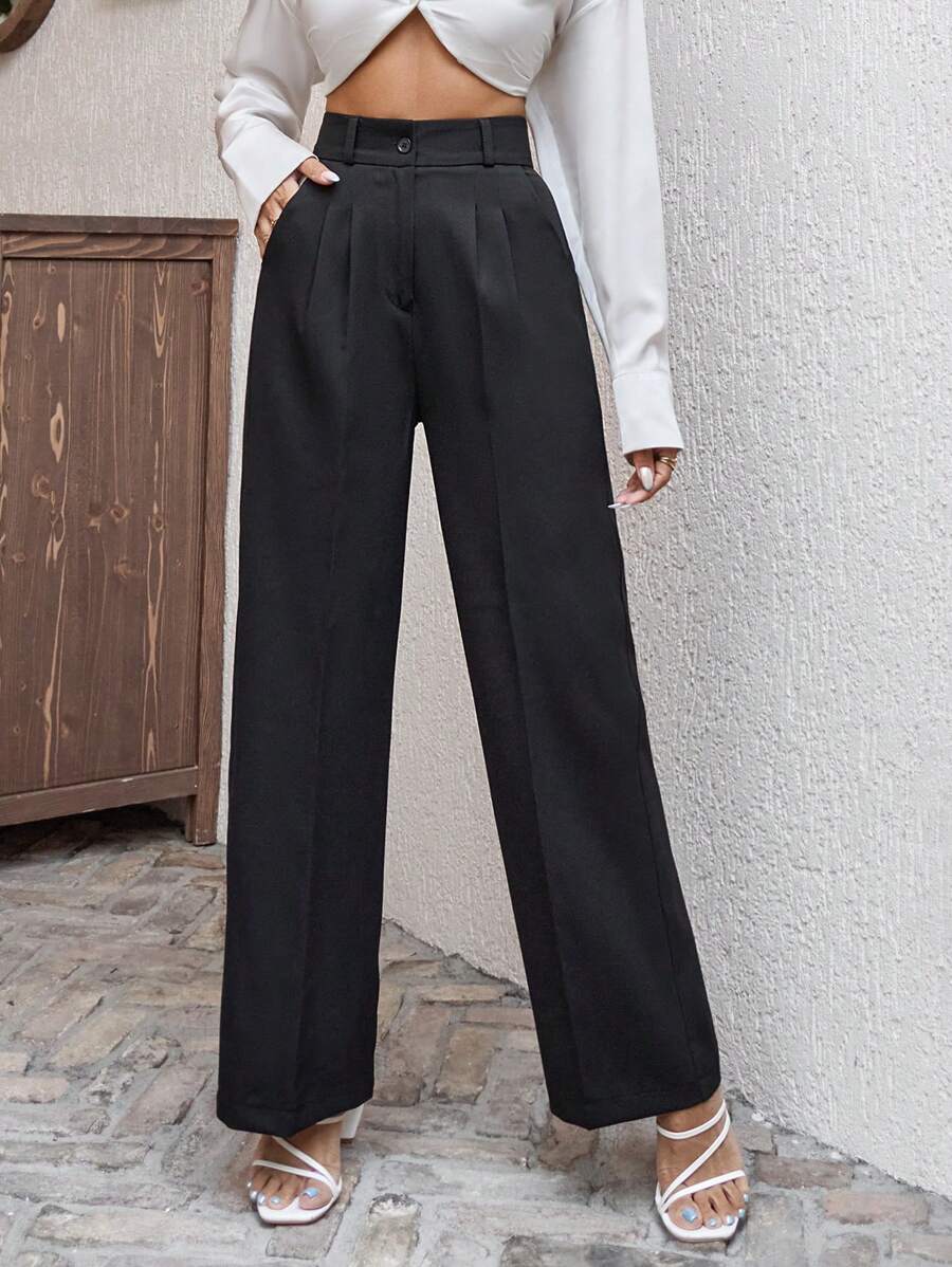 EURMUSE Women's Cottnline High Waisted Wide Leg Pants Solid Color - Black - View 1