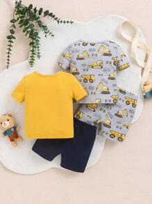 SHEIN 4pcs Baby Boy Snug Fit Alphabet & Excavator Pattern Round Neck Short Sleeve T-Shirt And Shorts Set