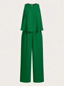 Slaydiva Summer Elegant Round Neck Sleeveless Loose Hem Cropped Top Straight Trousers Orange Women's Two-Piece Set-C - Green - View 7