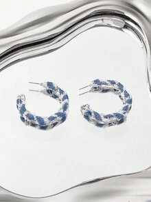 SHEIN ICON Los pendientes de forma circular de mezclilla son adecuados para que las mujeres los usen a diario en primavera y verano. - Azul y blanco - Ver 6