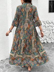 SHEIN LUNE Women's Plus Size Paisley Printed Deep Notched Neck Dress - Green - View 2