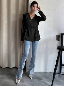 DAZY Camisa de manga larga de unicolor con textura para uso casual de negocios