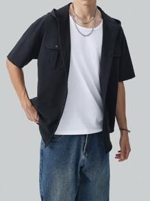 Manfinity Hypemode Men's Summer Solid Color Workwear Short Sleeve Hooded Casual Shirt With Pockets