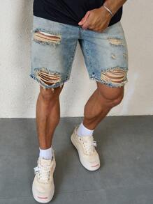 Manfinity LEGND Men's Ripped Casual Denim Shorts With Pockets Low Rise Baggy Jorts Plain Light Blue Going Out Street Wear Friends