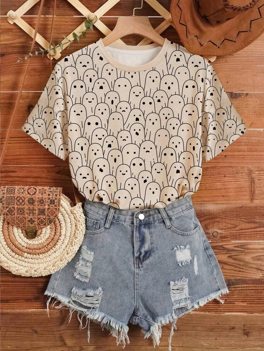 SHEIN LUNE Áo thun tay ngắn cổ tròn in họa tiết cỡ lớn cho nữ - Nhiều màu - Xem 1