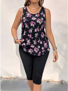 SHEIN VCAY Plus Size Boho Vacation Floral Printed Tank Top & Solid Color Elastic Waist Capri Pants Set, For Summer,Holiday Outfits