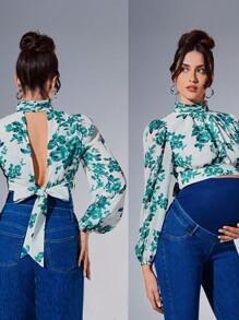 SHEIN Maternity Comfortable Long Sleeve Cut Out Back Short Woven Floral Printed Loose Top, Leisure - Green - View 6
