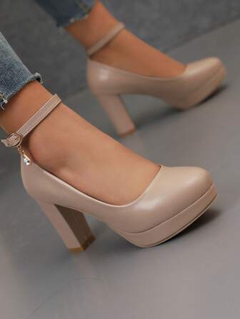 Chaussures à talons hauts kaki avec plateforme, matériau en PU, chaussures pour les quatre saisons avec bride à la cheville, talons épais, chaussures élégantes pour le travail de bureau pour femmes