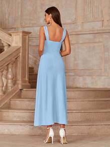 SHEIN Belle Váy dạ hội không tay bằng vải xếp màu trơn Áo choàng bóng trang trọng có xẻ cao cho mùa hè - Màu xanh lam - Xem 2