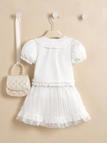 SHEIN Baby Girl Lovely Elegant Lace Top And Skirt Set For Spring/Summer - White - View 2