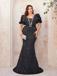 SHEIN Belle Plus Size Black Luxury Heavy Crystal Embellished Gorgeous Positioning Hot Rhinestone Pattern Court Style Stereo Pleated Puffy Sleeves Deep V Neck Elegant Mermaid Evening Gowns