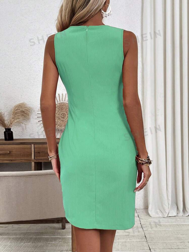 SHEIN Relaxiva Elegante robe fourreau sans manches a col rond avec panneau avant drape a la taille et ourlet asymetrique Mode en ligne SHEIN FRANCE