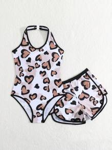 SHEIN Tween Girl Beach Heart Print Halterneck One Piece Swimsuit With Cover-Up Shorts And Top 2pcs Set, Summer
