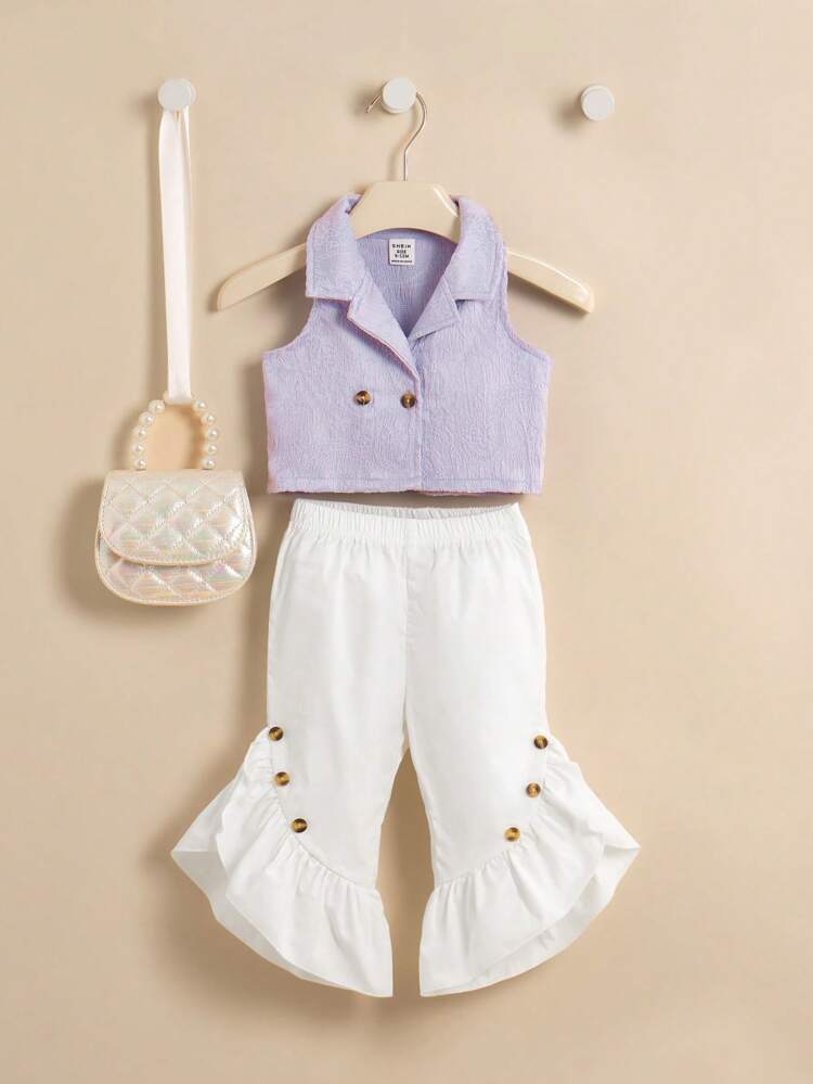 2pcs Baby Girls' Elegant & Stylish Sleeveless Textured Top And Flared Pants Set, Spring/Summer