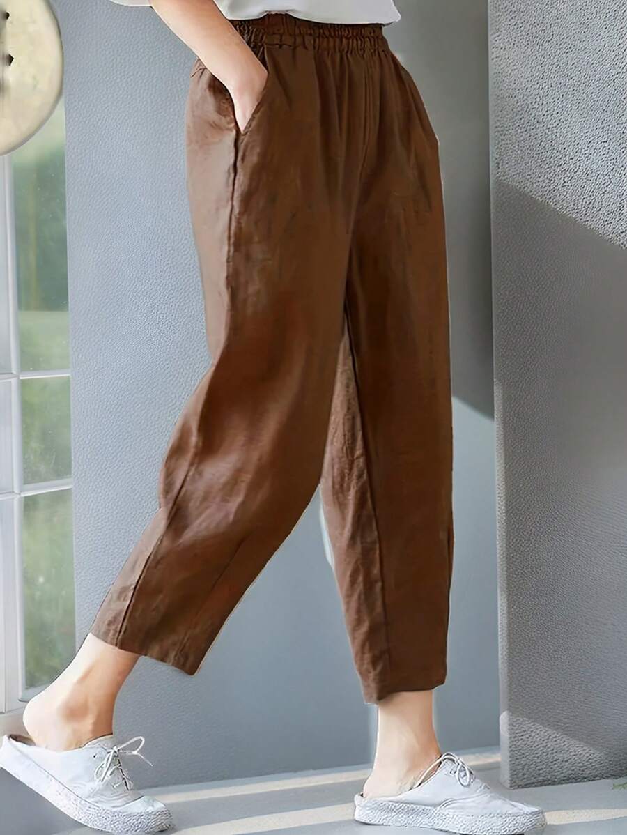 女士實色彈性腰口袋休閒長褲 - 棕色 - 查看 1