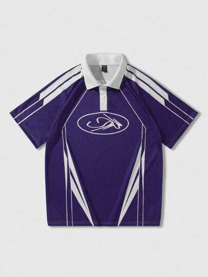 Prep Men's Summer Jersey Casual Color Block Printed Short Sleeve Polo Shirt, School