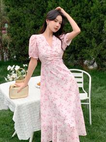 DAZY 女士随机印花简约休闲连衣裙碎花吊带裙度假装 - 粉色 - 查看 4