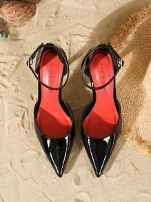 On feet& in love Fall/Winter 2025 Women's Elegant Stiletto Pointed Toe Single Strap Hollow Mid-High Heel Pumps, Suitable For Dresses Wedding,Elegant,Elegant - Black - View 5