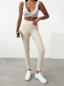 RueChic Solid Wideband Waist Leggings - Red - View 4