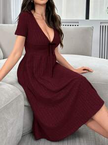 Solid Color Deep V-Neck Bow Decoration Women's Homewear Dress - Burgundy - View 5