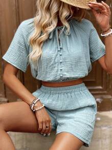 Breezaya Conjunto de dos piezas de algodón de ocio con textura de muselina de doble capa