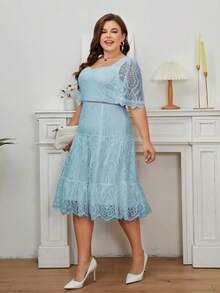 Vestido escote corazón bajo con fruncido con encaje - Celeste - Ver 4