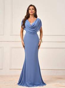 SHEIN Belle Women's Simple And Conservative Blue Chiffon Fabric Dress, Draped Neck Front And Back With Flared Design, Fishtail Hem And Suitable For Mother's Day And Wedding Season, Formal Standard Size Bridesmaid Dress Elegant Dress - Blue - View 8