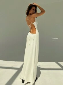 Aloruh 白色禮服長裙女裝，細肩帶的無背緊身束腰領口拖尾設計 - 白色 - 查看 6