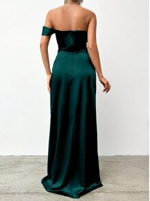 EURMUSE Women's Elegant Party Ruched Maxi Dress With Strapless Design And High Slit, Summer - Dark Green - View 2