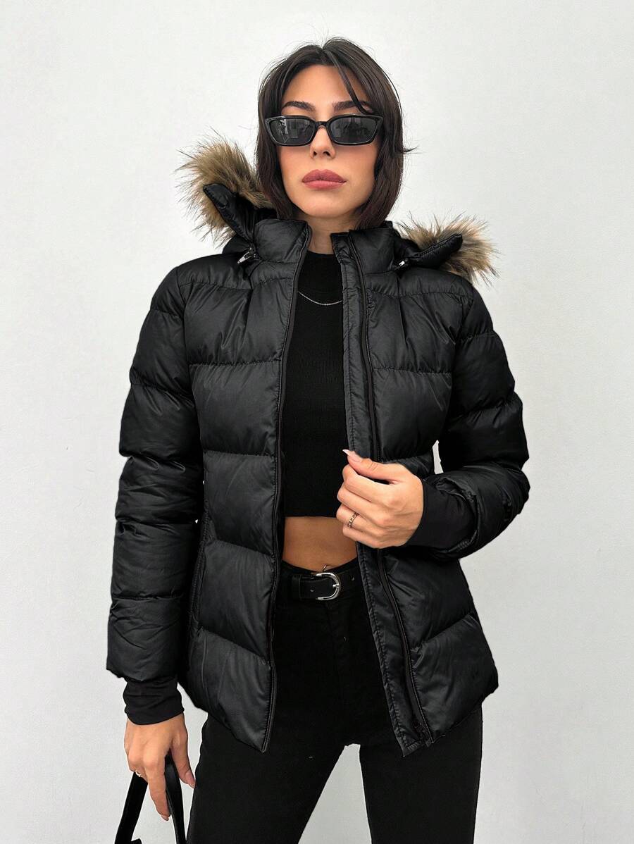 RueChic Fuzzy Trim Hooded Puffer Coat - Black - View 1