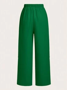 Slaydiva Summer Elegant Round Neck Sleeveless Loose Hem Cropped Top Straight Trousers Orange Women's Two-Piece Set-C - Green - View 3