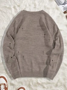 SHEIN Cottnline Men Solid Ripped Drop Shoulder Sweater - Brown - View 3