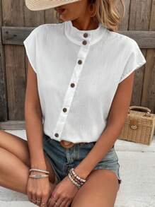 SHEIN Clasi Women's Solid Color Stand Collar Shirt,Short Sleeve Tops