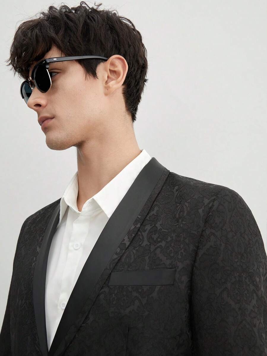 AKNOTIC Men's Old Money Style Business Casual Jacquard Woven Black Blazer, Spring And Autumn, For Fall Winter - Black - View 1